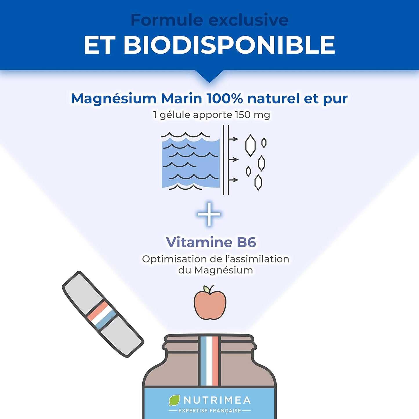 Magnésium Marin et Vitamine B6 | Breveté Simag55™ | Combat Efficacement la Fatigue | 150 mg/jour | 120 Gélules d'Origine Végétale | 4 Mois de Cure | Fabrication Française | Nutrimea