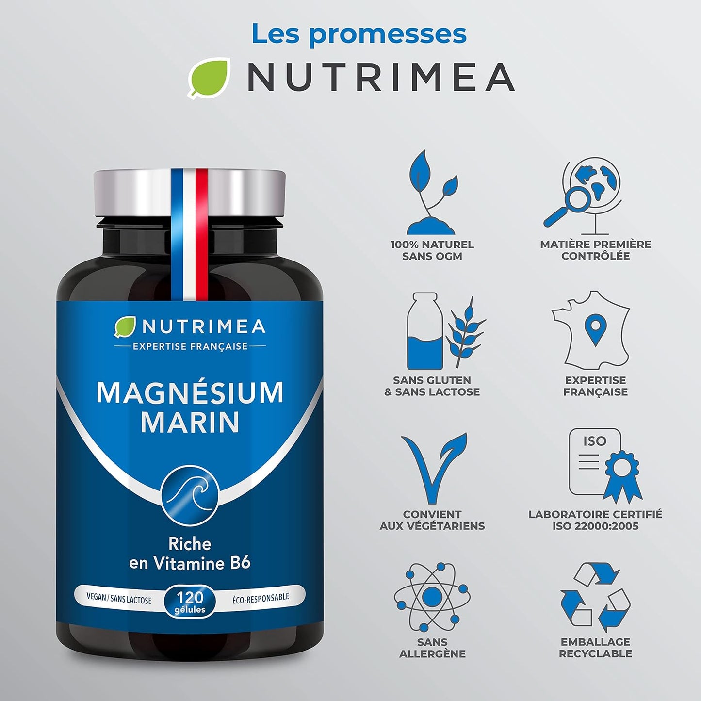 Magnésium Marin et Vitamine B6 | Breveté Simag55™ | Combat Efficacement la Fatigue | 150 mg/jour | 120 Gélules d'Origine Végétale | 4 Mois de Cure | Fabrication Française | Nutrimea