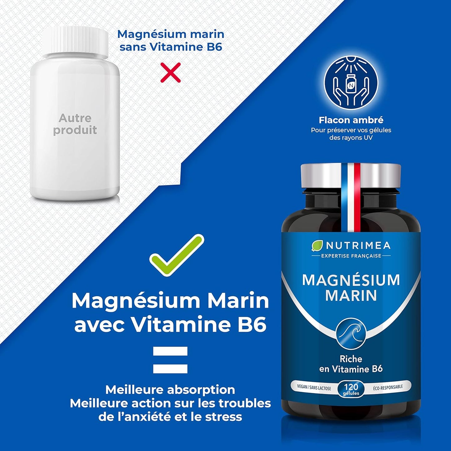 Magnésium Marin et Vitamine B6 | Breveté Simag55™ | Combat Efficacement la Fatigue | 150 mg/jour | 120 Gélules d'Origine Végétale | 4 Mois de Cure | Fabrication Française | Nutrimea