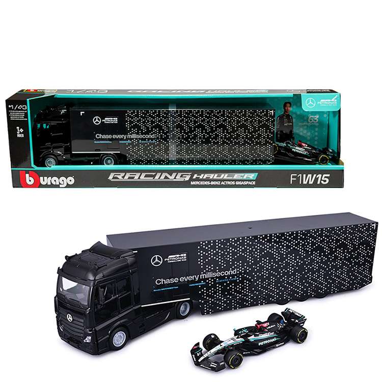 Bburago 18-38402 GR AMG Petronas Mercedes Benz Actros Gigaspace and F1W15 1:43 #63 George Russell