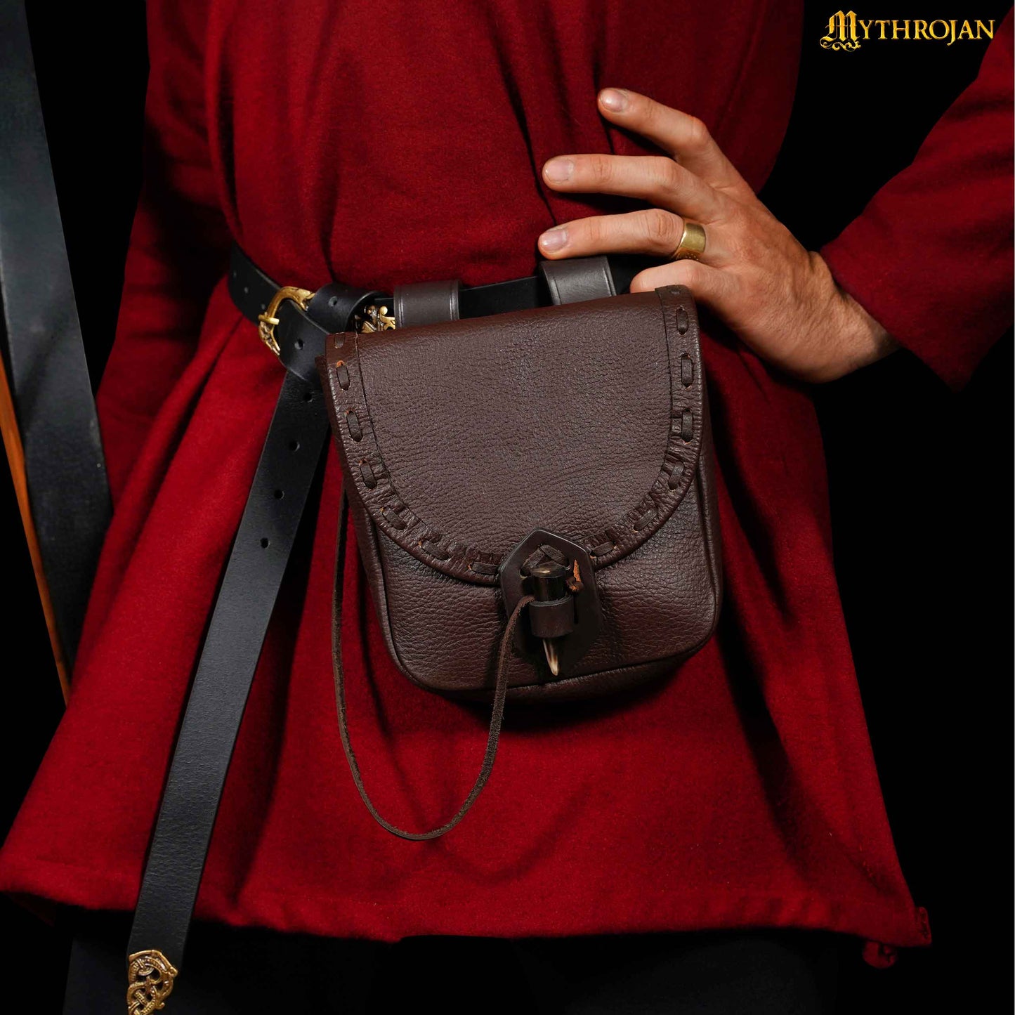 Mythrojan “The Adventurer’s” Belt Bag with Horn Toggle, Ideal for SCA LARP Reenactment & Ren fair, Full Grain Leather, Brown, 8”x 7”