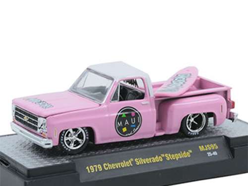 M2 Machines 31500 MJS95 1979 Chevrolet Silverado Stepside Maui & Son 1:64 with Surfboard Pink