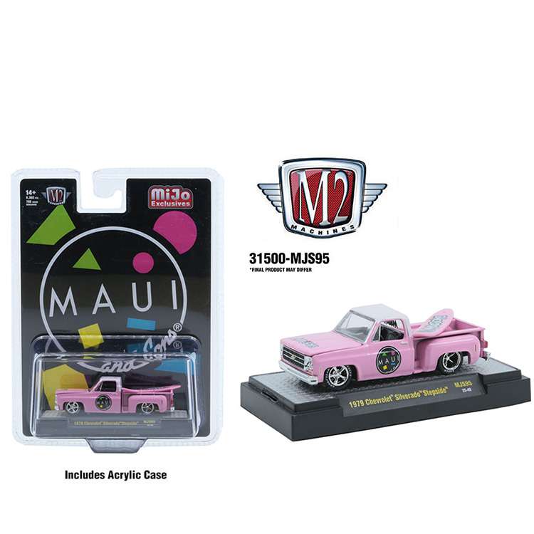 M2 Machines 31500 MJS95 1979 Chevrolet Silverado Stepside Maui & Son 1:64 with Surfboard Pink