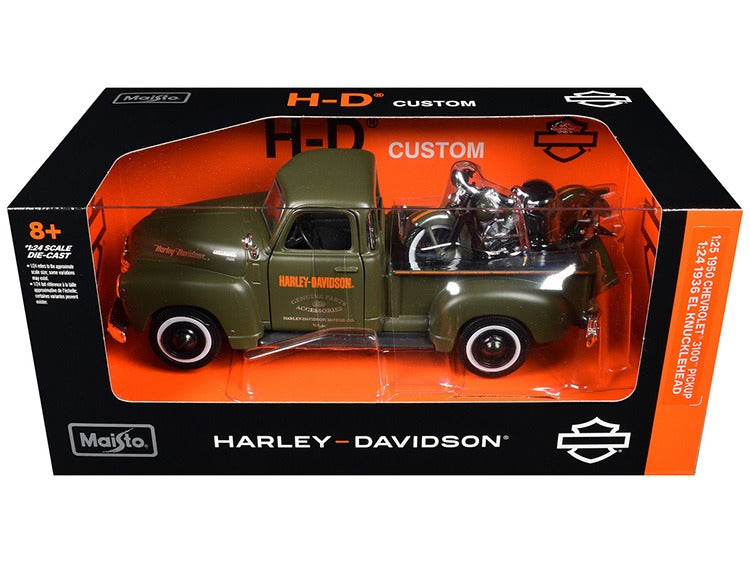 Maisto 32199 Harley Davidson 1950 Chevy 3100 Pick Up Truck & 1936 EL Knucklehead 1:25 Matte Green