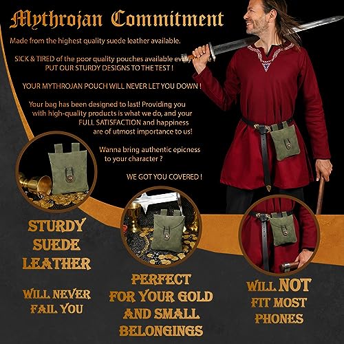 Mythrojan Medieval Renaissance Suede Jewelry Belt Pouch LARP Costume Waist Bag - Dark Green