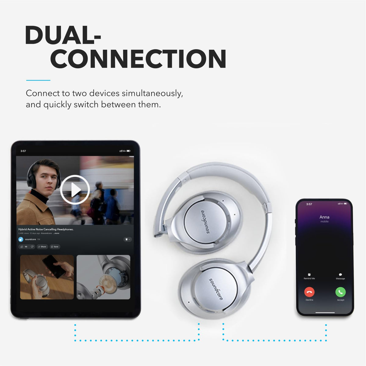 Soundcore Anker Life Q20 Hybrid Active Noise Cancelling Headphones, Wireless Over Ear Bluetooth Headphones, 60H Playtime, Hi-Res Audio, Deep Bass, Memory Foam Ear Cups, Travel, Office