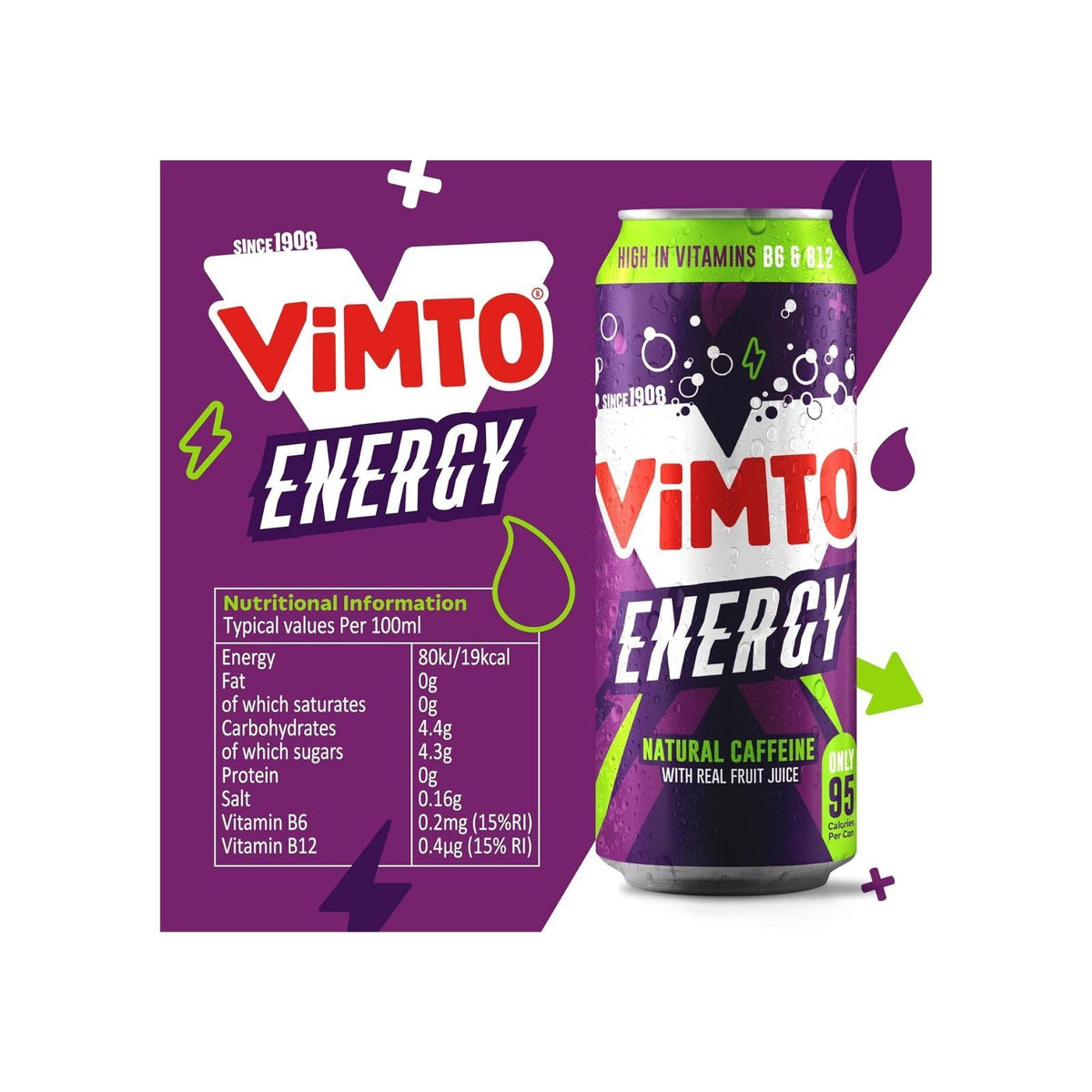 Vimto Original Real Fruit Energy Drink + Natural Caffeine + B Vitamins, Prime Energy Juice Drink Big Can 500ml (Box of 12)