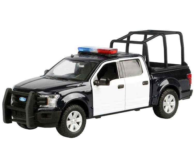 Motormax 79543 2019 Ford F-150 Lariat Crew Cab 1:27 with Stand Cage & Light and Sound Black / White