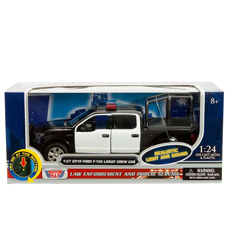 Motormax 79543 2019 Ford F-150 Lariat Crew Cab 1:27 with Stand Cage & Light and Sound Black / White