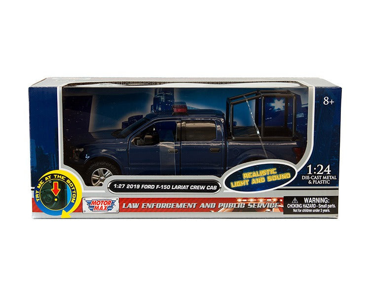 Motormax 79543 2019 Ford F-150 Lariat Crew Cab 1:27 with Stand Cage & Light and Sound Blue