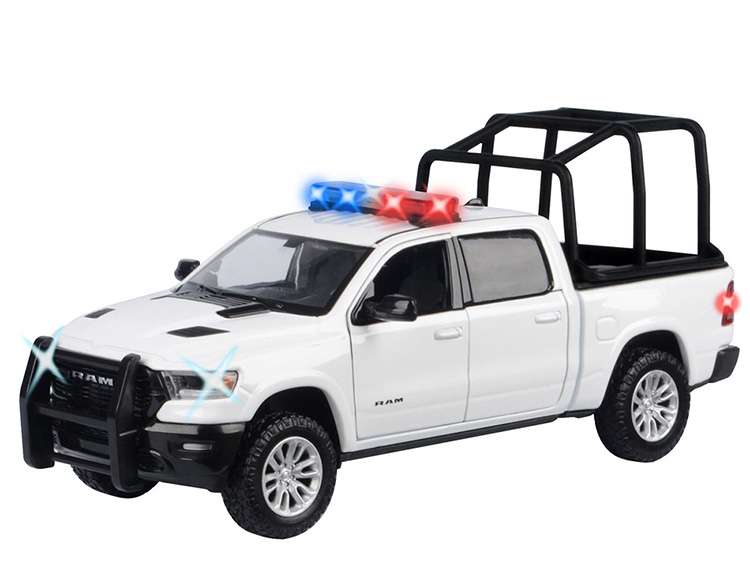 Motormax 79545 2019 Ram 1500 Laramie Crew Cab 1:27 with Stand Cage & Light and Sound White