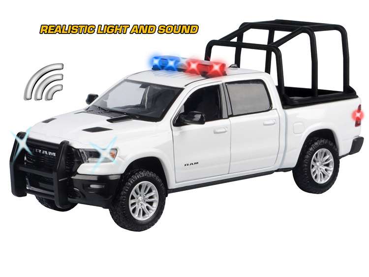 Motormax 79545 2019 Ram 1500 Laramie Crew Cab 1:27 with Stand Cage & Light and Sound White