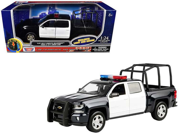 Motormax 79547 2017 Chevrolet Silverado 1500 LT Z71 Crew Cab 1:27 with Stand Cage & Light and Sound Black / White