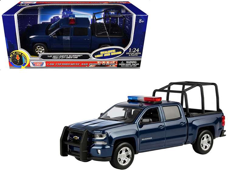 Motormax 79547 2017 Chevrolet Silverado 1500 LT Z71 Crew Cab 1:27 with Stand Cage & Light and Sound Blue