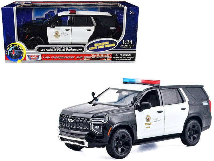 Motormax 79627 2025 Chevrolet Tahoe PPV Los Angeles Police Department 1:24 with Light and Sound Black / White