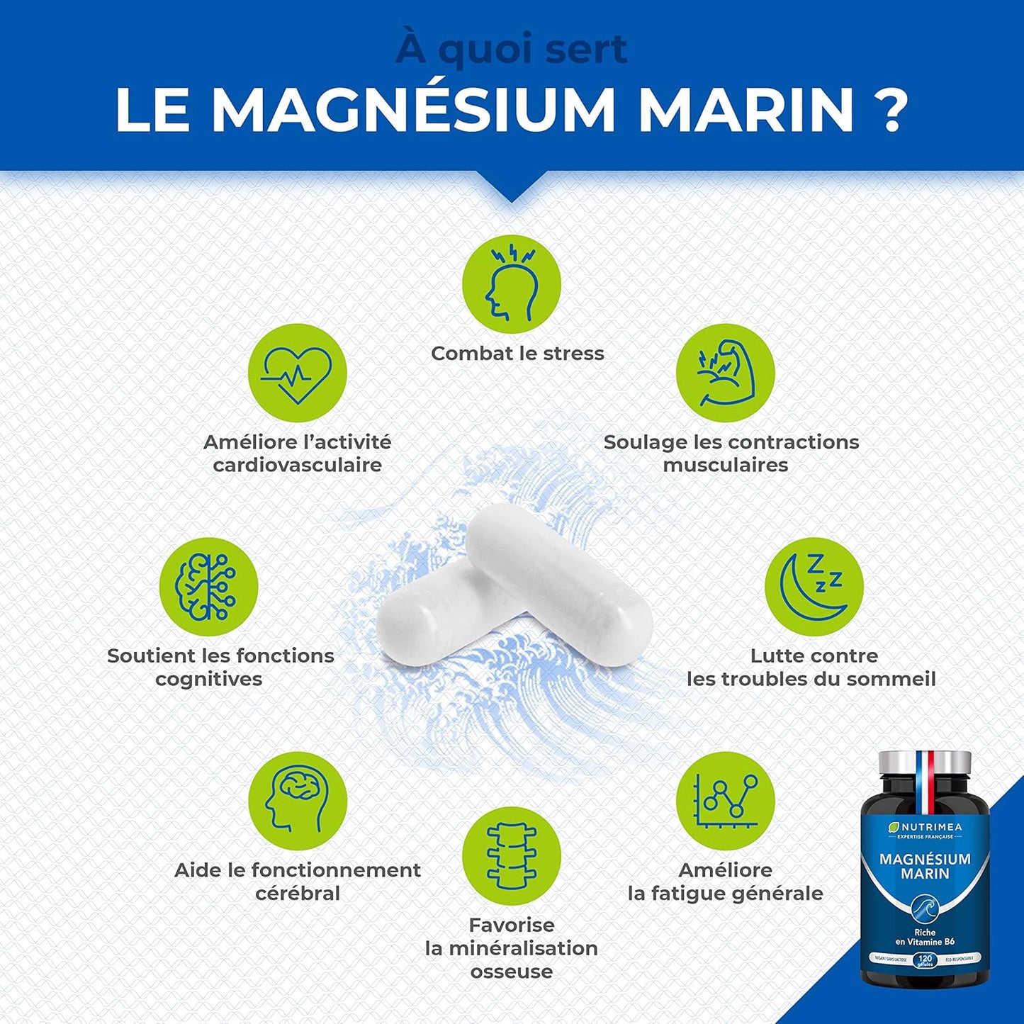 Magnésium Marin et Vitamine B6 | Breveté Simag55™ | Combat Efficacement la Fatigue | 150 mg/jour | 120 Gélules d'Origine Végétale | 4 Mois de Cure | Fabrication Française | Nutrimea