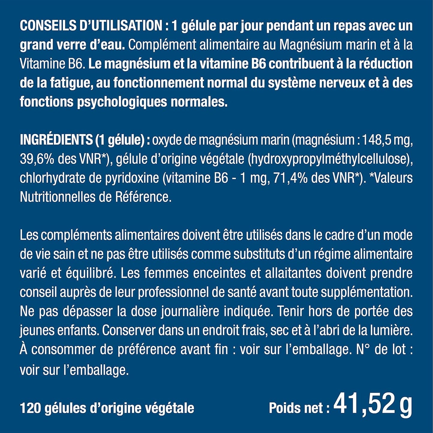 Magnésium Marin et Vitamine B6 | Breveté Simag55™ | Combat Efficacement la Fatigue | 150 mg/jour | 120 Gélules d'Origine Végétale | 4 Mois de Cure | Fabrication Française | Nutrimea