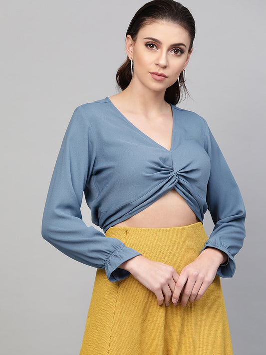 Blue Solid Twisted Cropped Top