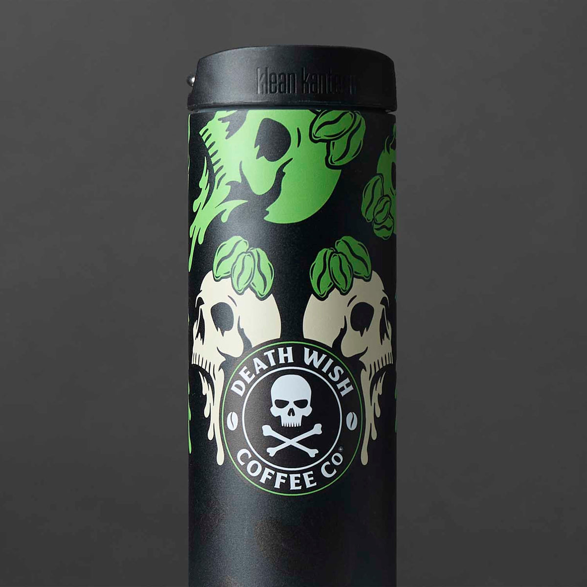 A detail shot of the Death Wish Coffee White Chocolate Pistachio Klean Kanteen (20oz).