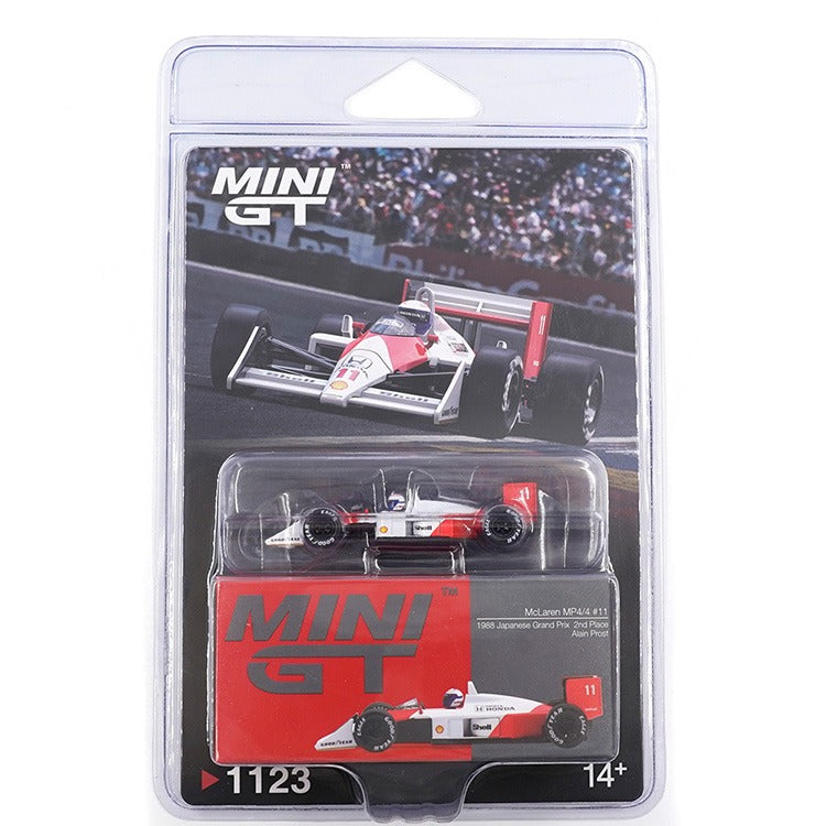 Mini GT MGT01123 McLaren MP4/4 #11 Alain Prost 1988 Japanese Grand Prix 2nd Place 1:64 White