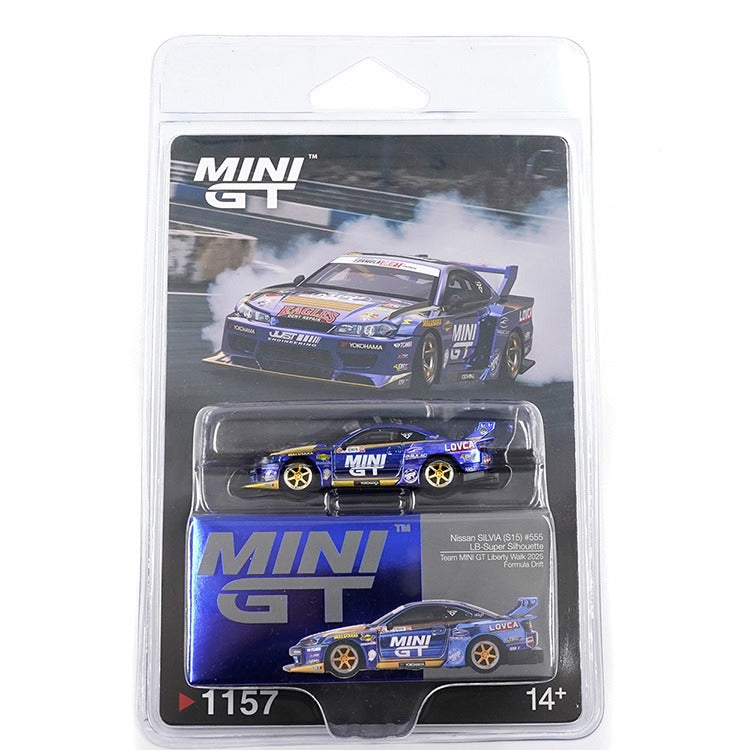 Mini GT MGT01157 Nissan LB-Super Silhouette S15 SILVIA #555 Team Liberty Walk 2025 Formula Drift 1:64 Chrome Blue