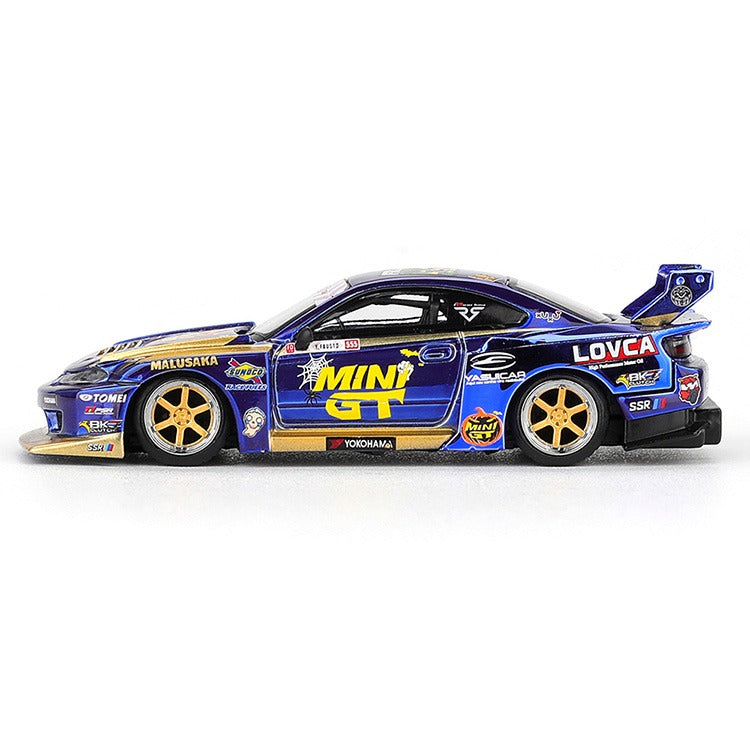 Mini GT MGT01185 Nissan LB-Super Silhouette S15 SILVIA #555 Team Liberty Walk 2025 Formula Drift Halloween Special 1:64 Chrome Blue