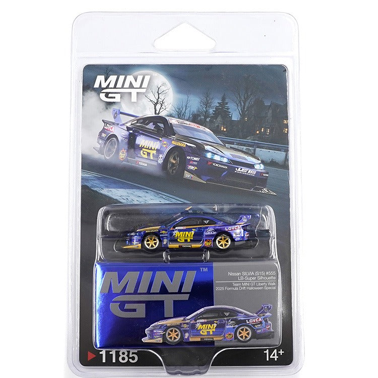 Mini GT MGT01185 Nissan LB-Super Silhouette S15 SILVIA #555 Team Liberty Walk 2025 Formula Drift Halloween Special 1:64 Chrome Blue