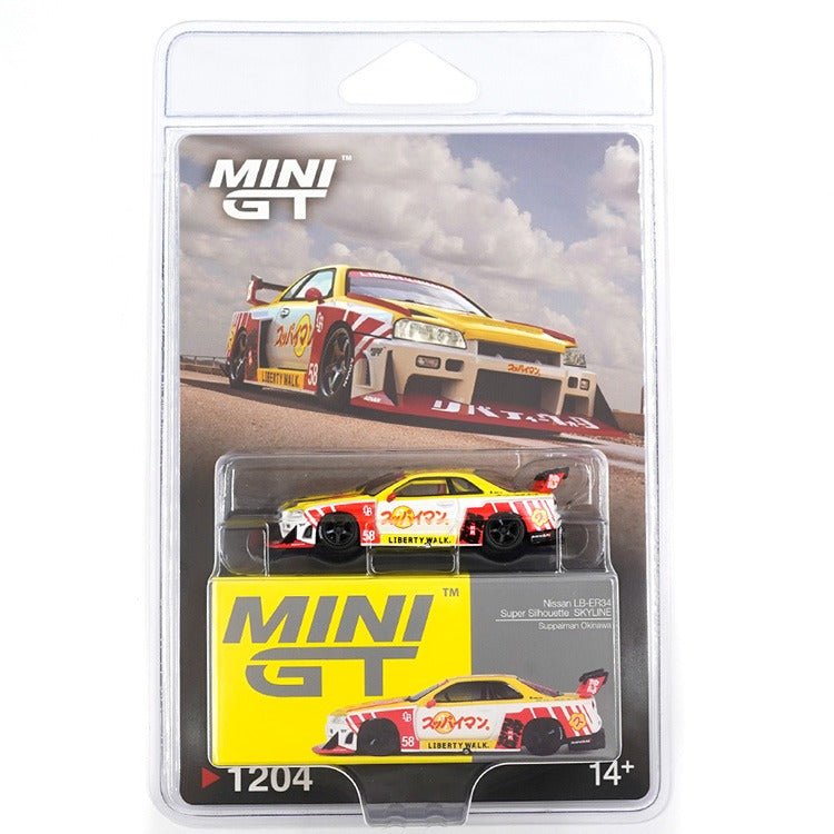 Mini GT MGT01204 Nissan LB-ER34 Super Silhouette Skyline Suppaiman Okinawa 1:64 Yellow