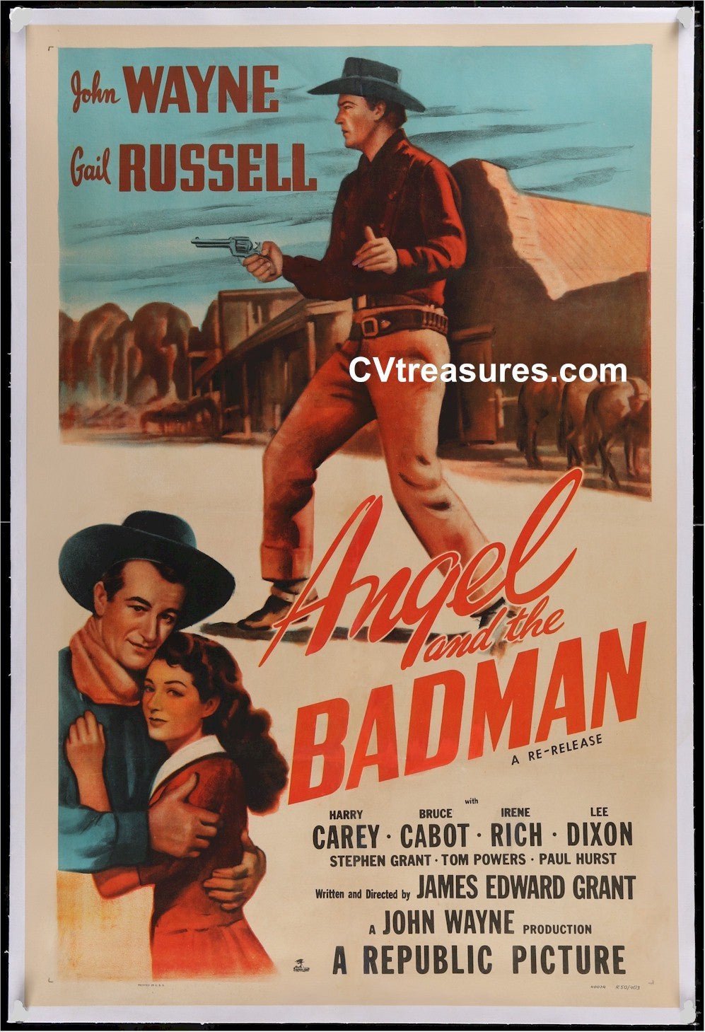John Wayne Movie Poster ANGEL and the BADMAN - RARE  Original Vintage Western Movie Theater Poster  Guaranteed Authentic 1950 A++