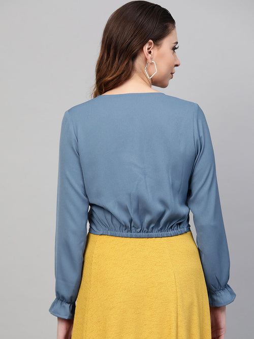 Blue Solid Twisted Cropped Top