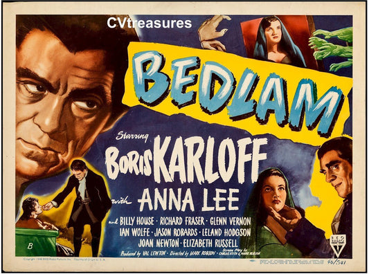 BEDLAM Original Authentic Vintage Horror Movie Theater Poster Half Sheet Boris Karloff 1946