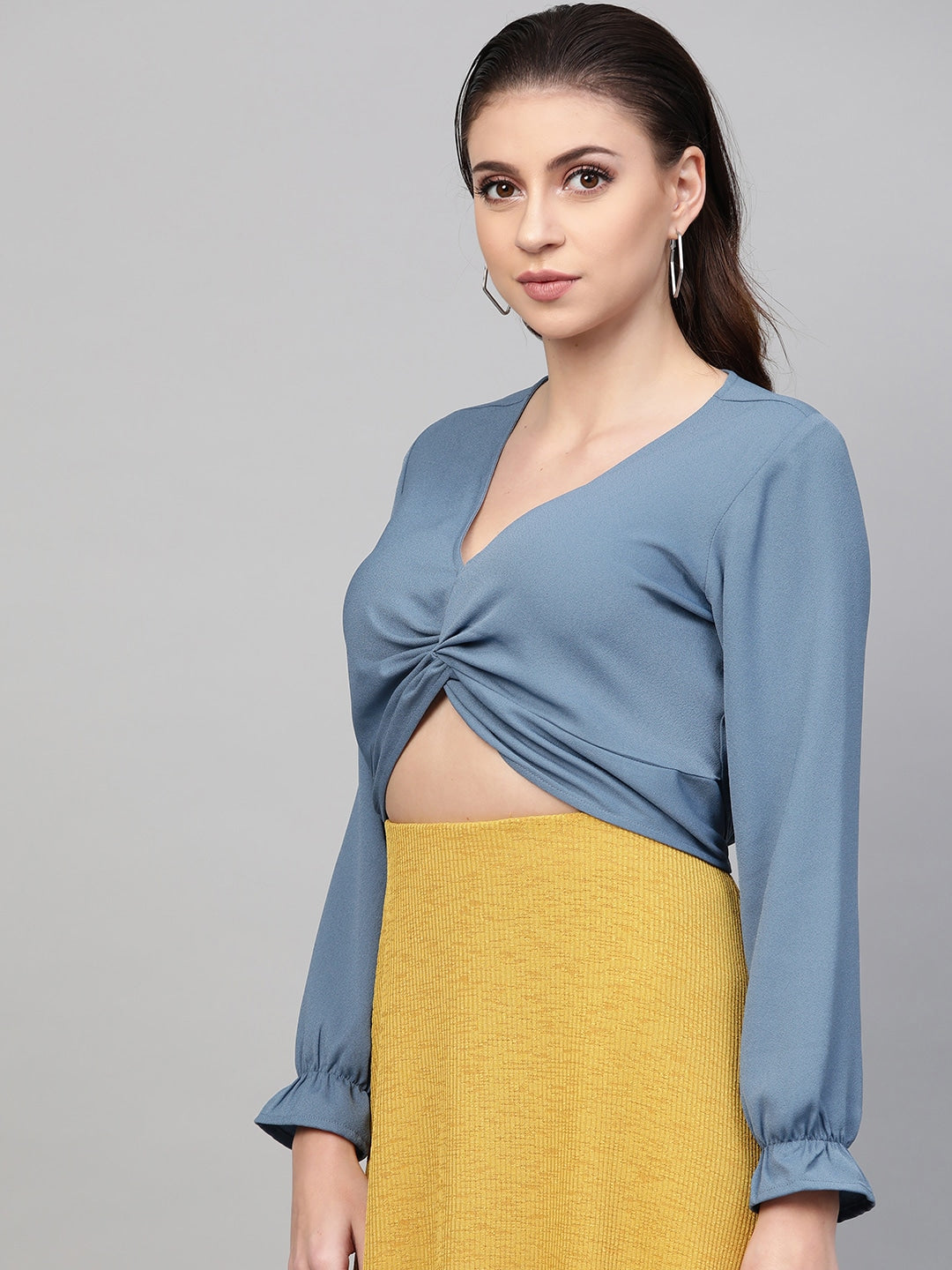 Blue Solid Twisted Cropped Top