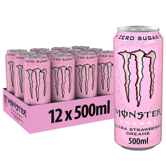 Monster Ultra Strawberry Dreams Energy Drink, Zero Sugar 500ml (Box of 12)