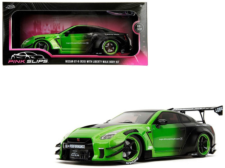Jada 35724 Pink Slips Nissan Skyline GT-R R35 LBWK Liberty Walk Body Kit 2.0 1:18 Green / Matte Black