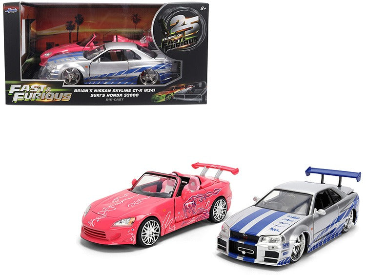 Jada 37543 25th Fast & Furious Brian’s Nissan Skyline GT-R & Suki’s Honda S2000 1:24 Set Orange & Pink
