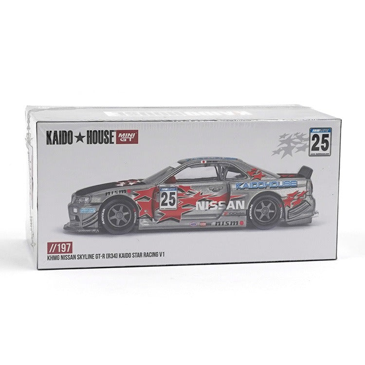Mini GT x Kaido House KHMG197 Nissan Skyline GT-R (R34) Kaido Star Racing V1 1:64 Silver