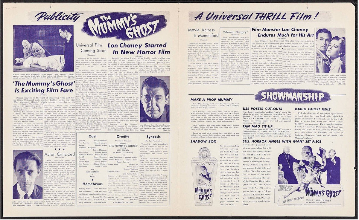 Mummys Ghost Original Vintage Horror UNcut Movie Theater Pressbook Lon Chaney Jr. John Carradine