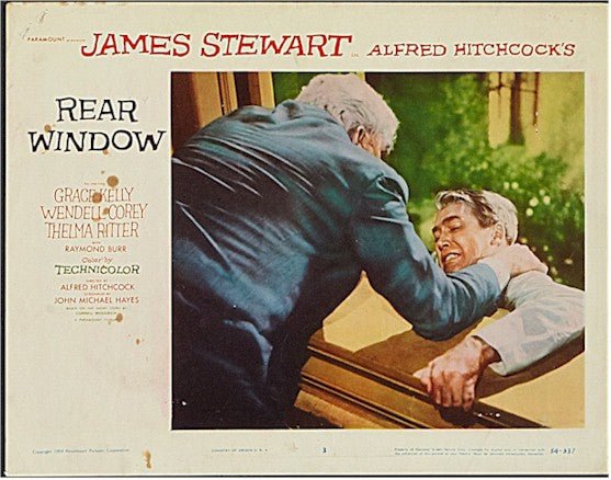 Rear Window Hitchcock Original Authentic Vintage Lobby Card movie theater poster - James Stewart Killer scene