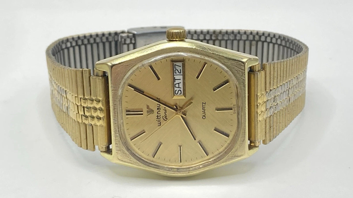 Vintage Mens Wittnauer Geneve Quartz Swiss Movement Gold Tone Watch