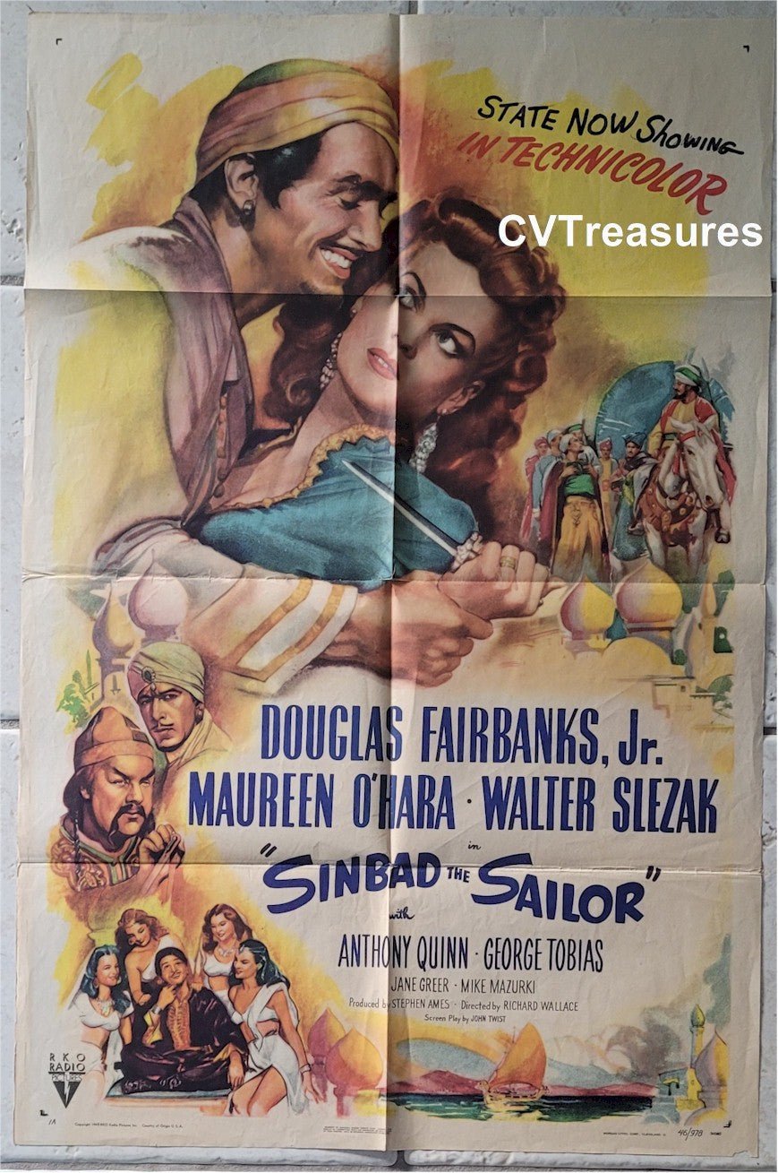 Sinbad the Sailor Original Authentic Vintage One SHeet Movie Theater Poster Douglas Fairbanks Jr. Maureen OHara