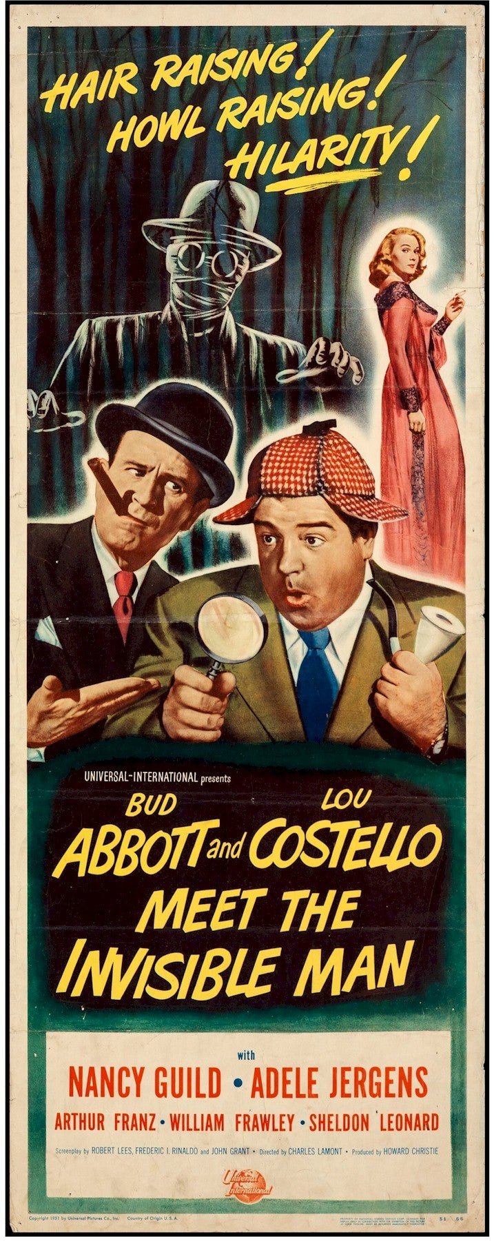 Vintage Horror Comedy Classic Movie Poster Insert Abbott and Costello MEET THE INVISIBLE MAN, 1951