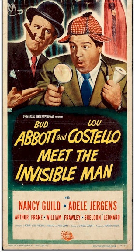 Vintage Horror Comedy Classic Movie Poster Insert Abbott and Costello MEET THE INVISIBLE MAN, 1951