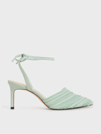 Pleated Ankle-Tie Stiletto Pumps